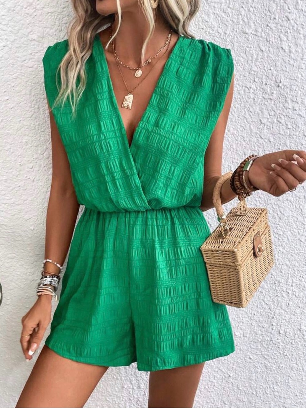 Green Sleeveless V-Neck Romper